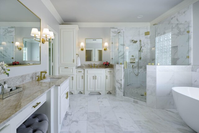 2900 Amherst Ave, University Park, TX 75225 - bathroom with a marble finish shower, a freestanding bath, marble finish floors, vanity, and crown molding
