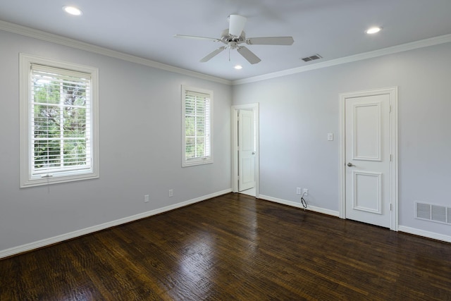 2900 Amherst Ave, University Park, TX 75225 - empty room with healthy amount of natural light, dark wood-style floors, baseboards, ornamental molding, and recessed lighting