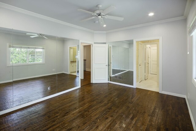 2900 Amherst Ave, University Park, TX 75225 - unfurnished bedroom featuring baseboards, wood finished floors, ornamental molding, ceiling fan, and connected bathroom