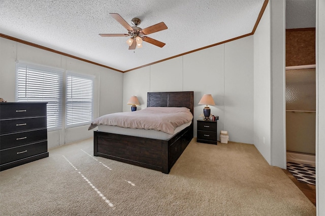 115 Candlewood Cir, Gainesville, TX 76240 - carpeted bedroom featuring lofted ceiling, crown molding, a textured ceiling, and ceiling fan