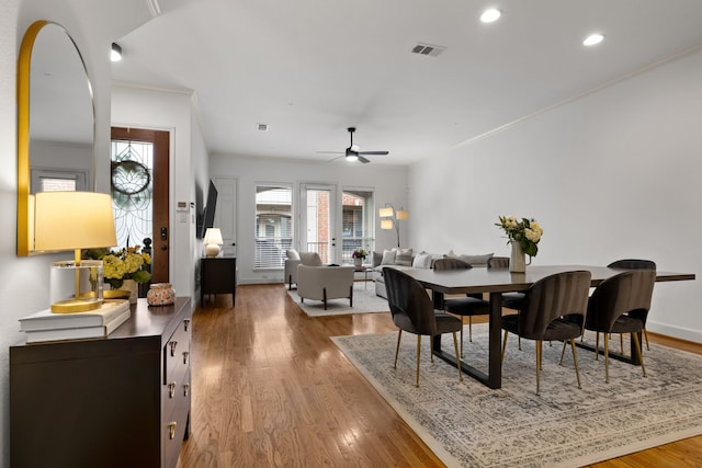2408 Wild Cherry Way, Dallas, TX 75206 - dining room with ceiling fan, wood finished floors, and recessed lighting