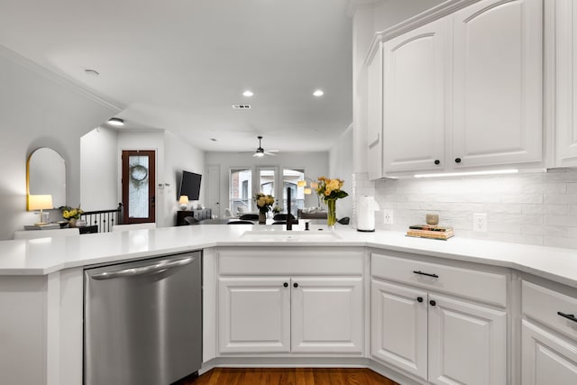 2408 Wild Cherry Way, Dallas, TX 75206 - kitchen featuring stainless steel dishwasher, a sink, open floor plan, recessed lighting, and decorative backsplash