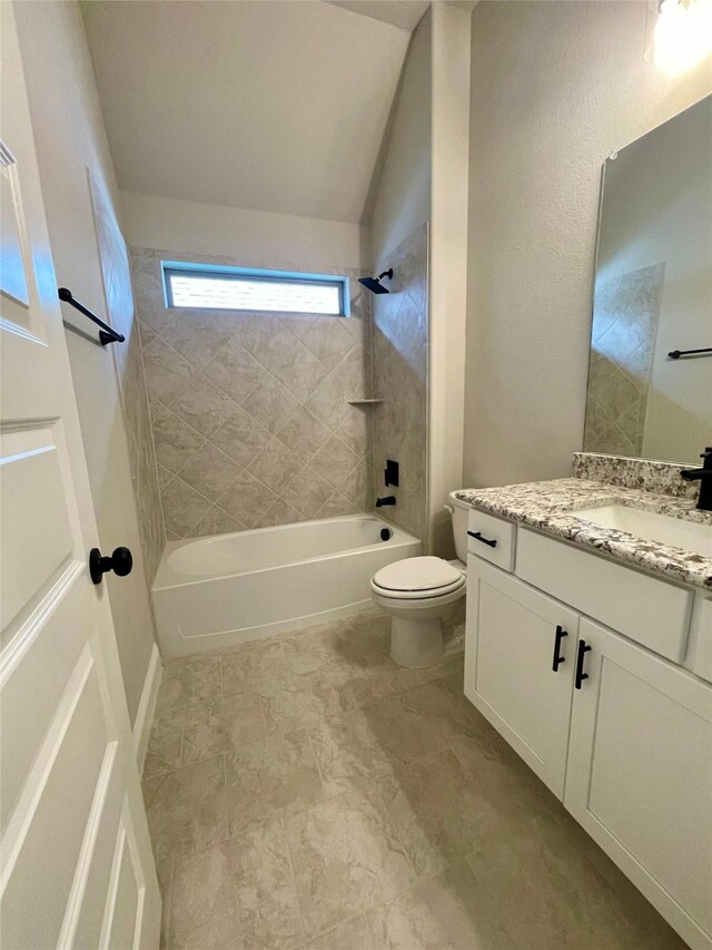 6113 Rodin Dr, Royse City, TX 78189 - full bathroom featuring toilet, vanity,  shower combination, and vaulted ceiling