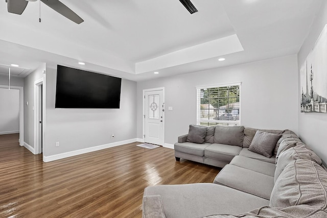 3039 Dutton Dr, Dallas, TX 75211 - living room with recessed lighting, a ceiling fan, wood finished floors, baseboards, and attic access