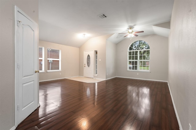 648 Tabasco Trl, Arlington, TX 76002 - unfurnished living room with a ceiling fan, wood finished floors, lofted ceiling, and baseboards