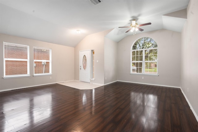 648 Tabasco Trl, Arlington, TX 76002 - unfurnished living room featuring a ceiling fan, lofted ceiling, wood finished floors, and baseboards