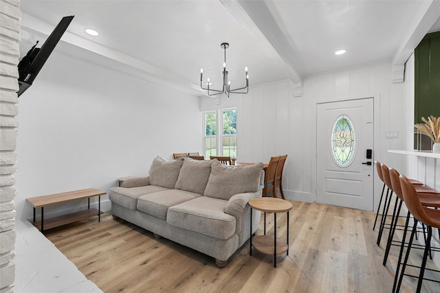 4100 N 30th St, Waco, TX 76708 - living room featuring light wood-type flooring, a chandelier, recessed lighting, and beam ceiling