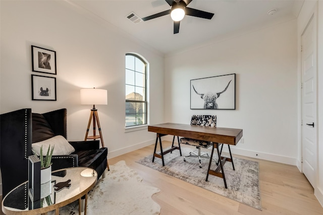 12104 Fairway Meadows Dr, Fort Worth, TX 76179 - home office with a ceiling fan, light wood finished floors, and crown molding