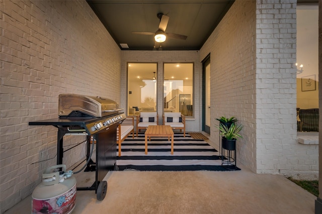 12104 Fairway Meadows Dr, Fort Worth, TX 76179 - doorway to property with a ceiling fan, a patio, brick siding, and an outdoor hangout area
