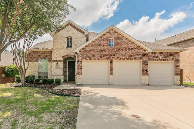 4757 Van Zandt Dr, Fort Worth, TX 76244 - french country style house with a garage, a shingled roof, brick siding, and concrete driveway