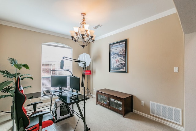 4757 Van Zandt Dr, Fort Worth, TX 76244 - carpeted office space featuring a chandelier, ornamental molding, and baseboards