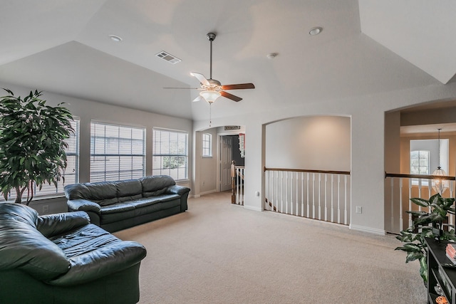 4757 Van Zandt Dr, Fort Worth, TX 76244 - carpeted living area with vaulted ceiling, a ceiling fan, and baseboards