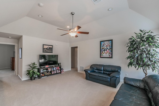 4757 Van Zandt Dr, Fort Worth, TX 76244 - living area featuring light carpet, vaulted ceiling, a ceiling fan, baseboards, and recessed lighting