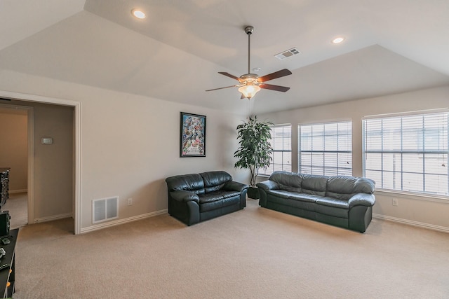 4757 Van Zandt Dr, Fort Worth, TX 76244 - living room with light carpet, a ceiling fan, baseboards, vaulted ceiling, and recessed lighting