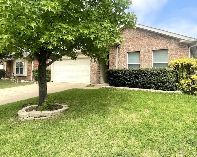 8309 Horse Whisper Ln, Fort Worth, TX 76131 - view of property hidden behind natural elements featuring driveway, brick siding, an attached garage, and a front lawn