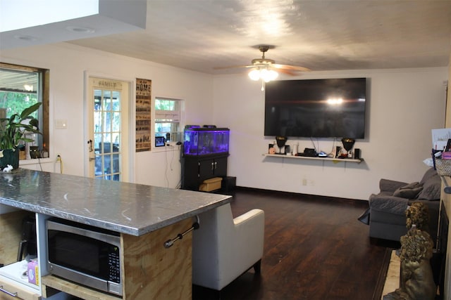 612 Ranier Cir, Garland, TX 75041 - living room featuring healthy amount of natural light, wood finished floors, crown molding, ceiling fan, and baseboards