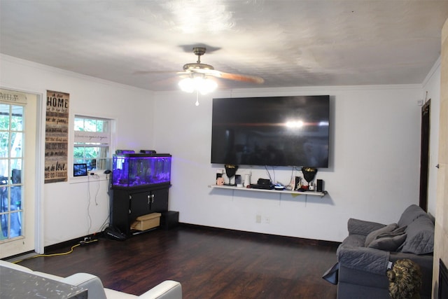 612 Ranier Cir, Garland, TX 75041 - living area featuring wood finished floors, ceiling fan, ornamental molding, and baseboards