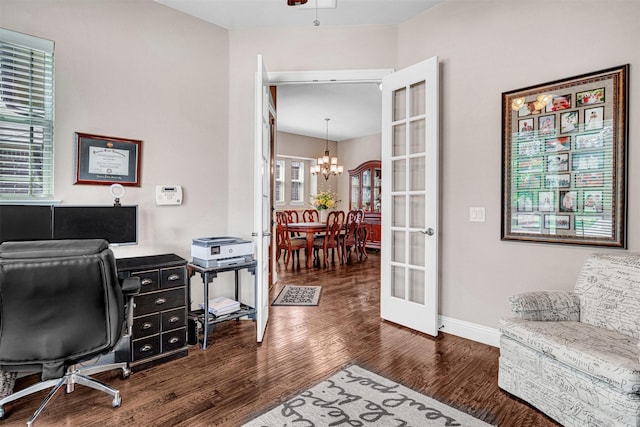 2305 Kemerton, Plano, TX 75025 - office space featuring a chandelier, dark wood-style flooring, baseboards, and french doors