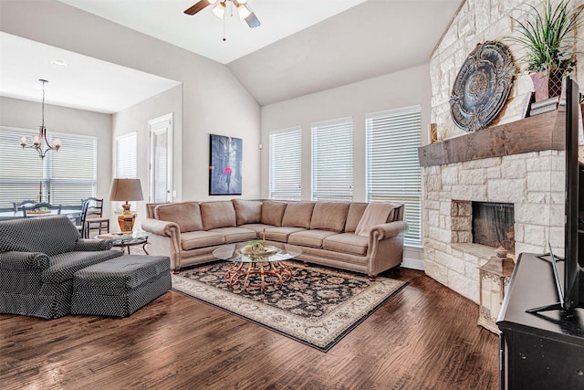 2305 Kemerton, Plano, TX 75025 - living area featuring ceiling fan, a chandelier, wood finished floors, a fireplace, and vaulted ceiling