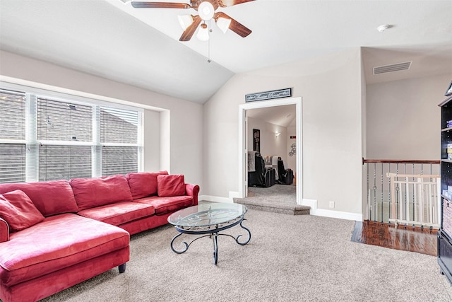 2305 Kemerton, Plano, TX 75025 - carpeted living area featuring ceiling fan, baseboards, and lofted ceiling