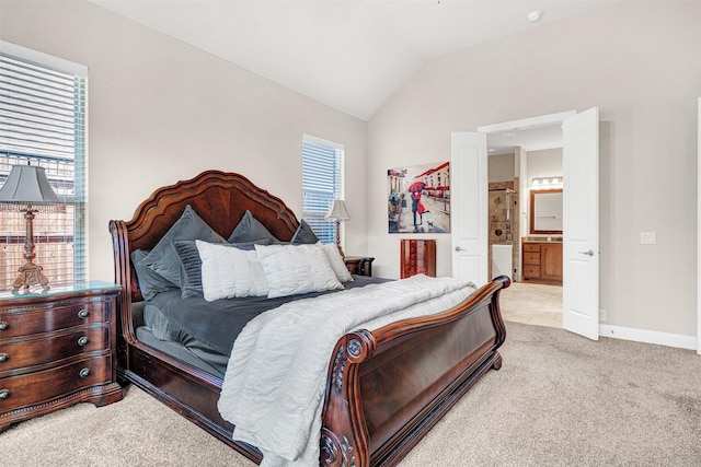 2305 Kemerton, Plano, TX 75025 - bedroom featuring light colored carpet, vaulted ceiling, ensuite bath, and baseboards