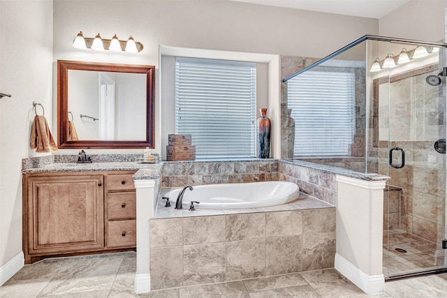 2305 Kemerton, Plano, TX 75025 - full bath with a garden tub, vanity, a stall shower, and baseboards