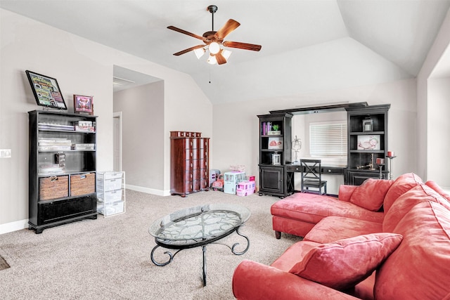 2305 Kemerton, Plano, TX 75025 - carpeted living room with ceiling fan, lofted ceiling, and baseboards
