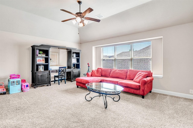 2305 Kemerton, Plano, TX 75025 - carpeted living area with a ceiling fan, vaulted ceiling, and baseboards