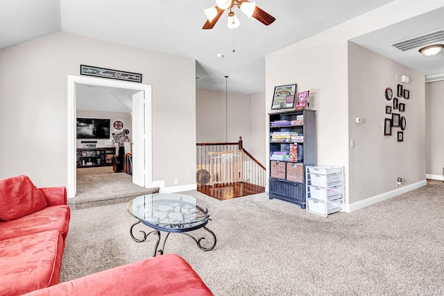 2305 Kemerton, Plano, TX 75025 - carpeted living area with a ceiling fan, baseboards, and lofted ceiling