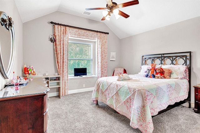 2305 Kemerton, Plano, TX 75025 - bedroom featuring carpet flooring, lofted ceiling, baseboards, and a ceiling fan