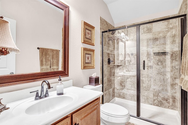 2305 Kemerton, Plano, TX 75025 - full bath featuring toilet, vanity, a stall shower, and vaulted ceiling