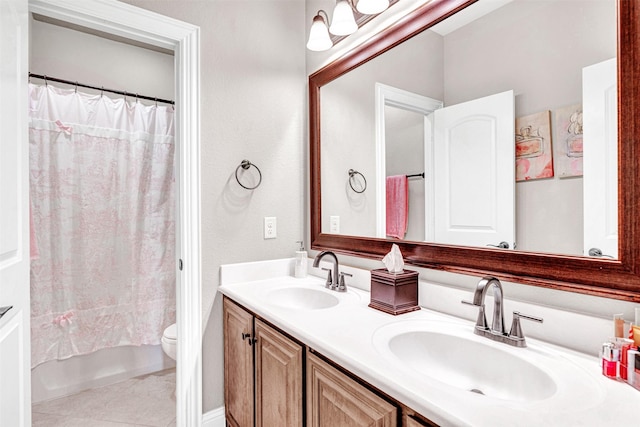 2305 Kemerton, Plano, TX 75025 - bathroom featuring double vanity, toilet, shower / tub combo with curtain, and tile patterned flooring
