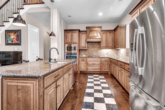 2305 Kemerton, Plano, TX 75025 - kitchen featuring appliances with stainless steel finishes, a sink, custom range hood, dark wood-style flooring, and tasteful backsplash