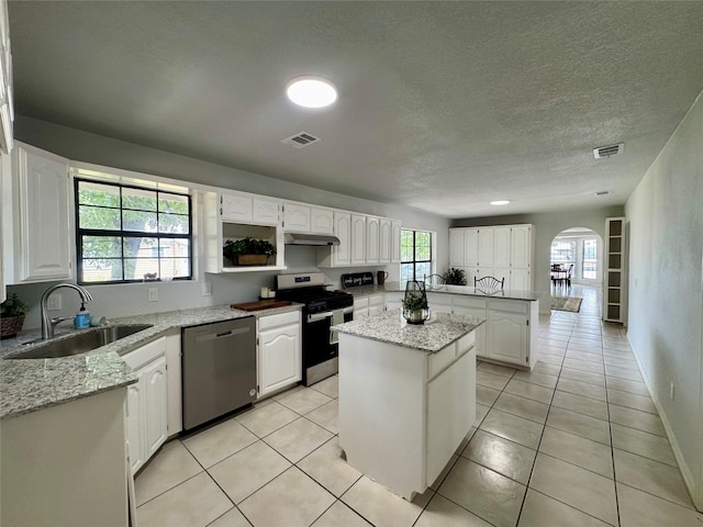 3107 Hale Ave, Fort Worth, TX 76106 - kitchen featuring stainless steel appliances, a sink, under cabinet range hood, arched walkways, and a center island