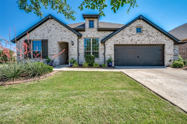 9820 Surveyor Rd, Little Elm, TX 75068 - french provincial home featuring a garage, a front lawn, driveway, and brick siding