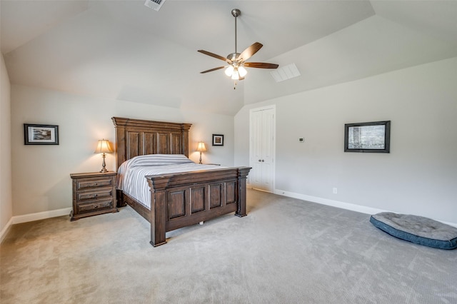 9820 Surveyor Rd, Little Elm, TX 75068 - bedroom with light carpet, baseboards, high vaulted ceiling, a ceiling fan, and a closet
