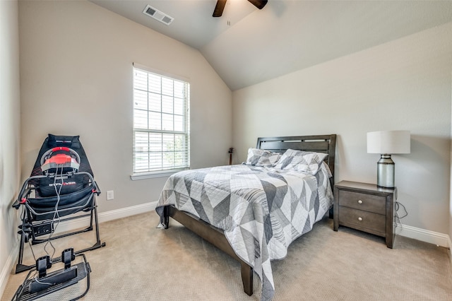 9820 Surveyor Rd, Little Elm, TX 75068 - bedroom with baseboards, vaulted ceiling, light carpet, and a ceiling fan