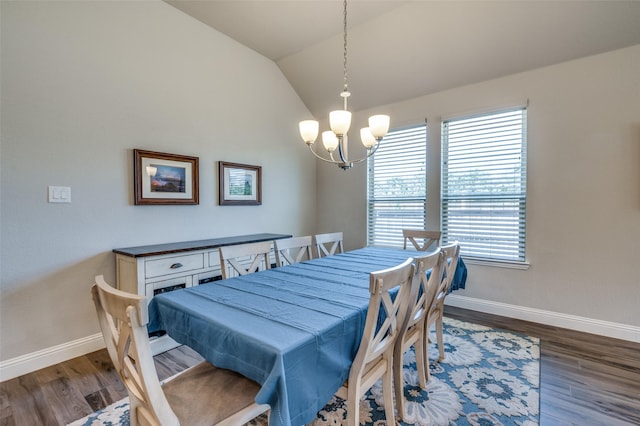 9820 Surveyor Rd, Little Elm, TX 75068 - dining space featuring a chandelier, baseboards, wood finished floors, and vaulted ceiling
