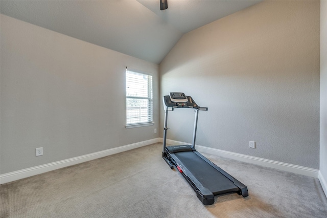 9820 Surveyor Rd, Little Elm, TX 75068 - exercise area with vaulted ceiling, carpet flooring, and baseboards