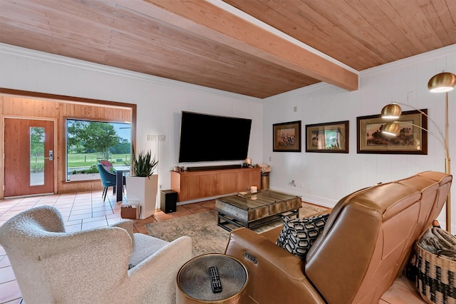 4034 Fm 2645, Savoy, TX 75479 - tiled living area featuring wood ceiling with exposed beams, crown molding, and wooden walls