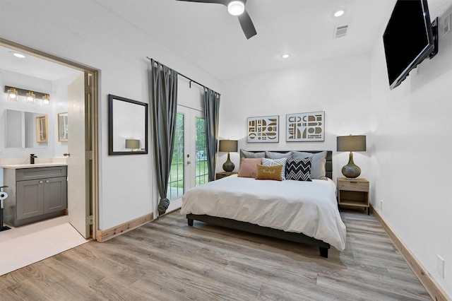 4034 Fm 2645, Savoy, TX 75479 - bedroom with access to exterior, light wood-style flooring, baseboards, ensuite bath, and ceiling fan