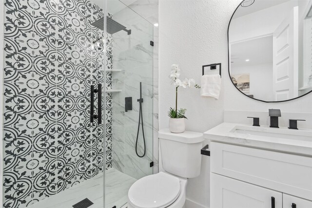 214 Betty Dr, Richardson, TX 75081 - full bathroom with toilet, vanity, a marble finish shower, marble look tile flooring, and a textured wall