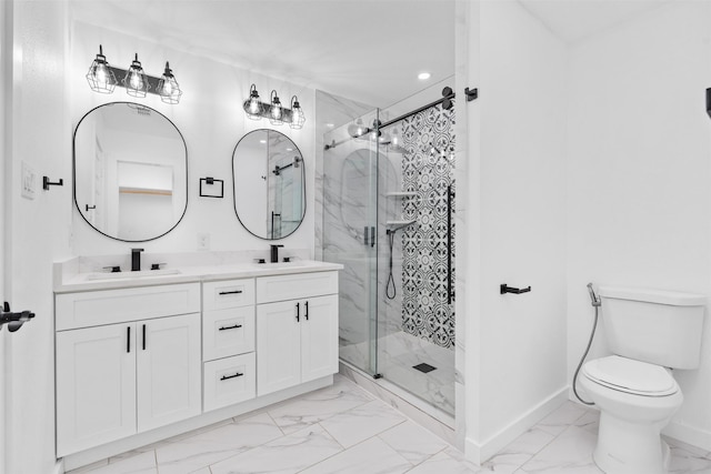 214 Betty Dr, Richardson, TX 75081 - full bathroom featuring marble finish flooring, a marble finish shower, double vanity, toilet, and baseboards