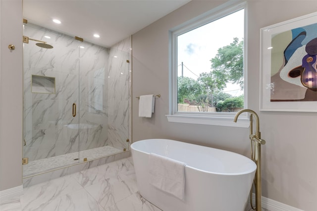 11207 Dwarfs Cir, Dallas, TX 75229 - full bathroom with a marble finish shower, a soaking tub, healthy amount of natural light, marble look tile flooring, and recessed lighting