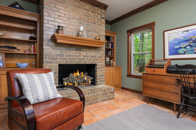 17889 County Road 134, Flint, TX 75762 - sitting room with crown molding, light tile patterned floors, a fireplace, a desk, and baseboards