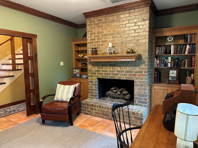 17889 County Road 134, Flint, TX 75762 - living area with ornamental molding, light tile patterned flooring, stairs, a brick fireplace, and baseboards