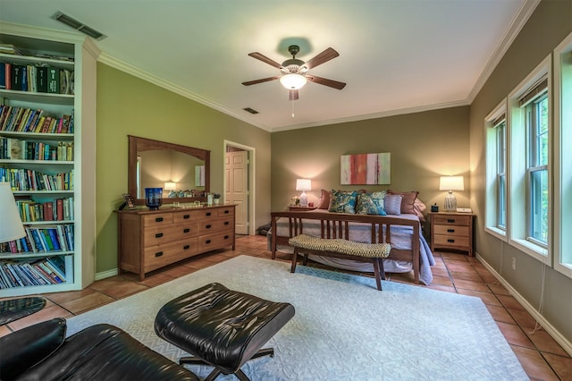 17889 County Road 134, Flint, TX 75762 - tiled bedroom with crown molding, baseboards, and a ceiling fan