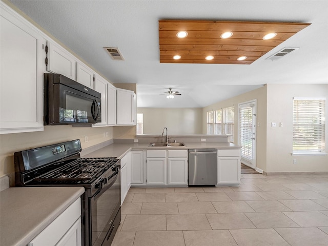 1409 Rivercrest Blvd, Allen, TX 75002 - kitchen with black appliances, a sink, a peninsula, recessed lighting, and a ceiling fan