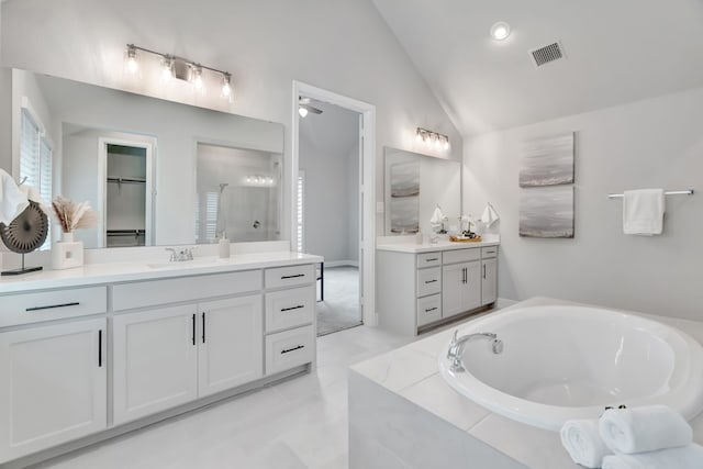 504 Arrowhead Ln, Haslet, TX 76052 - full bathroom featuring vaulted ceiling, a bath, a shower stall, vanity, and a spacious closet