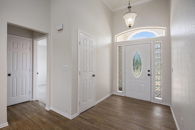 2109 Timber Cove Ct, Weatherford, TX 76087 - entryway with a towering ceiling, dark wood-style floors, baseboards, and ornamental molding